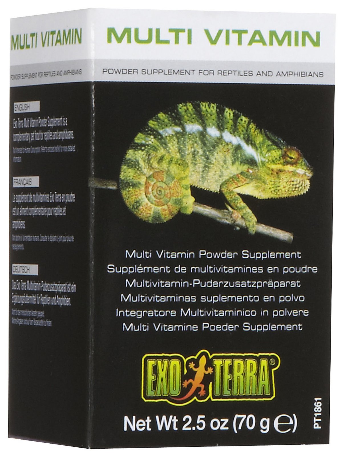 Exo Terra Multi Vitamin Powder dusting insects enhances intake of essential nutrients.