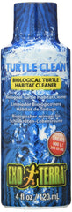 Exo Terra Turtle Clean bottle pour demonstrates simple dosing for weekly waste reduction in turtle habitats.