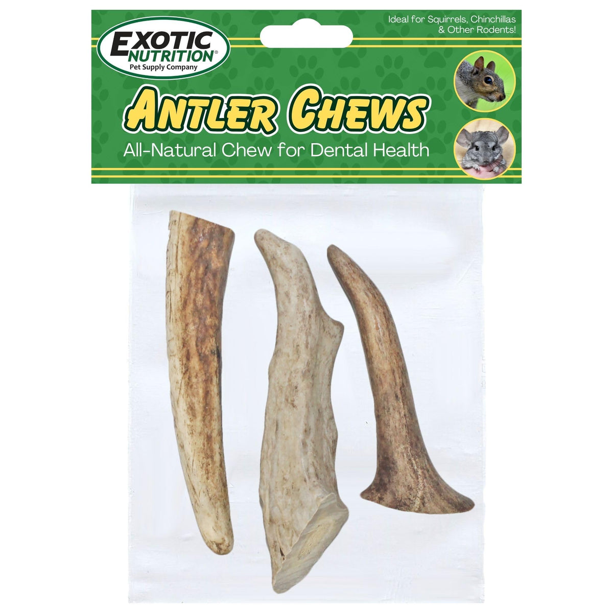 Exotic Nutrition Antler Chews package view highlights natural minerals for small pets