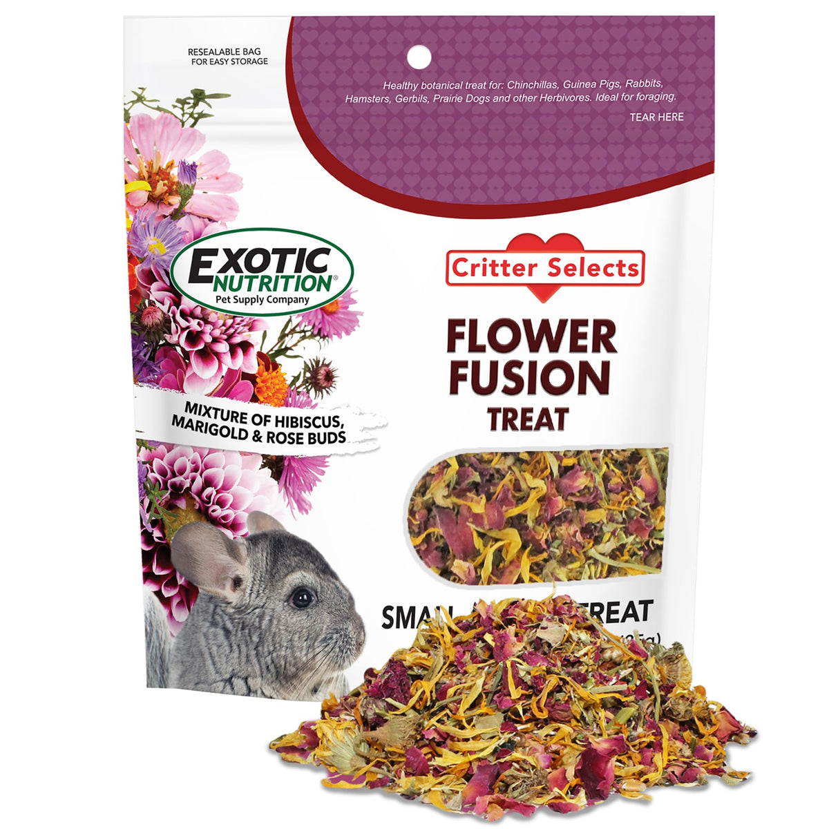 Exotic Nutrition Flower Fusion Treat packaging shows ready-to-use enrichment for small pets.