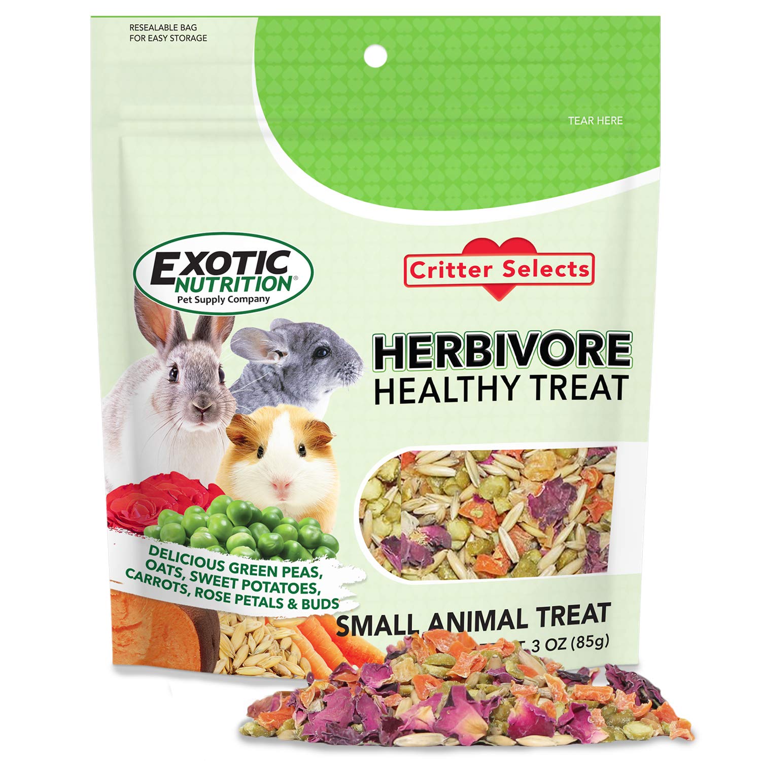 Exotic Nutrition Herbivore Treat closeup of dried ingredients highlighting fiber-rich blend for digestion