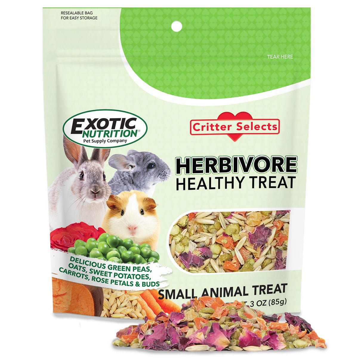Exotic Nutrition Herbivore Treat closeup of dried ingredients highlighting fiber-rich blend for digestion