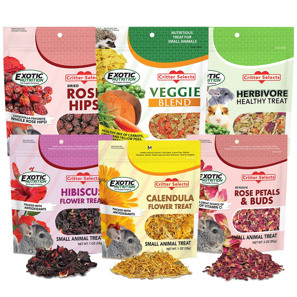 Exotic Nutrition Herbivore Treats variety pack collection promotes dietary variety and pet curiosity