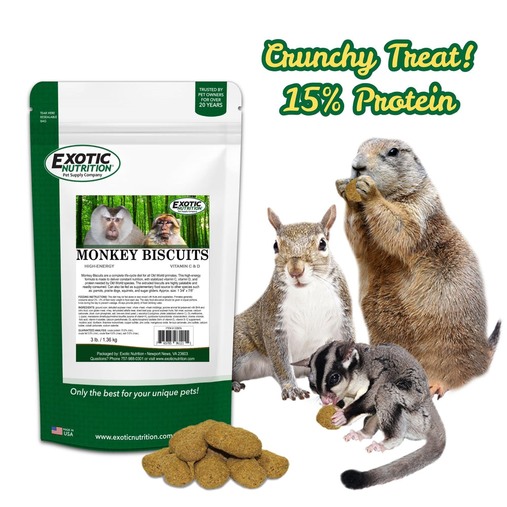 Exotic Nutrition Monkey Biscuits for primates, depicting staple diet option with stabilized vitamins.