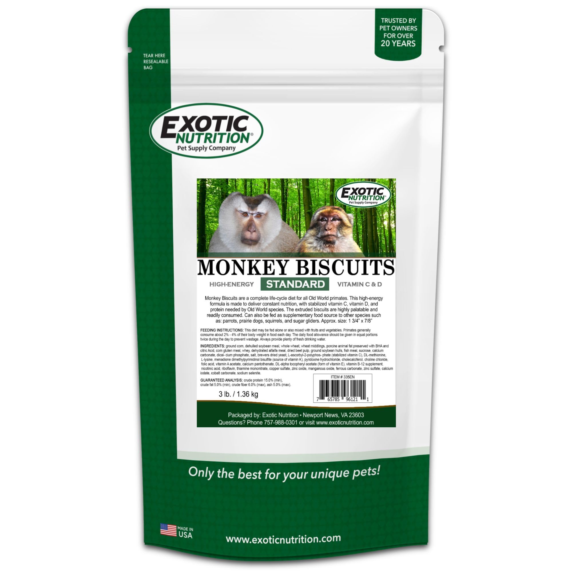 Exotic Nutrition Monkey Biscuits serving size image, illustrating 2x1 inch biscuit dimensions.