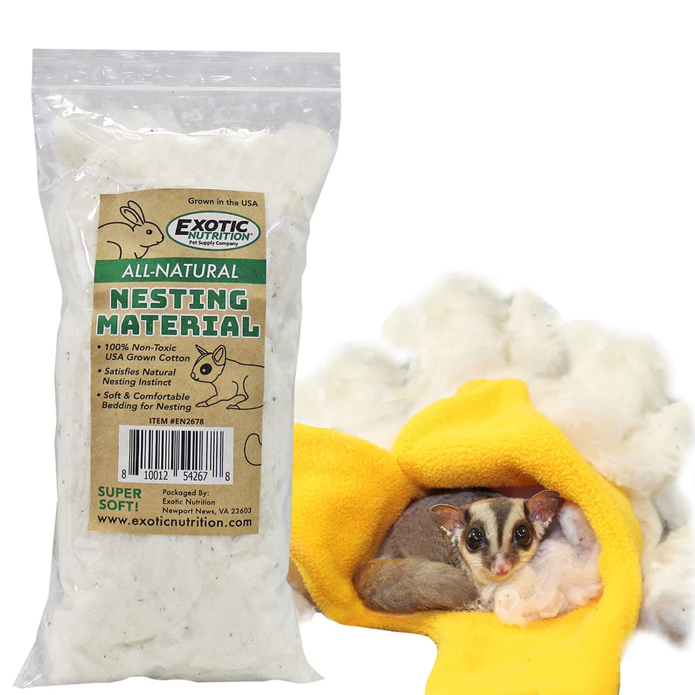 Exotic Nutrition nesting material cage-scene shows easy bedding for natural burrowing and secure nesting.