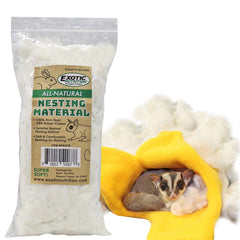 Exotic Nutrition nesting material cage-scene shows easy bedding for natural burrowing and secure nesting.