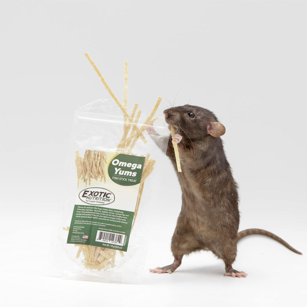 Exotic Nutrition Omega YUMS small-pet enrichment image demonstrates varied diet and stimulation.