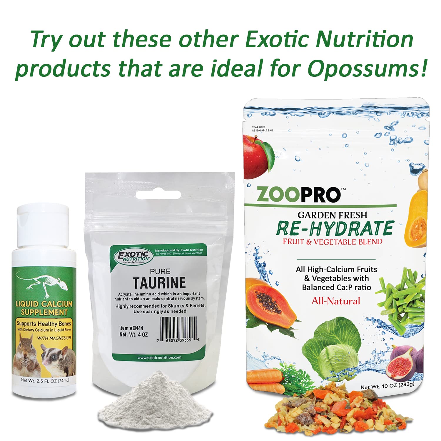 Exotic Nutrition Opossum Complete calcium-rich formula supports bone-health nutrition.