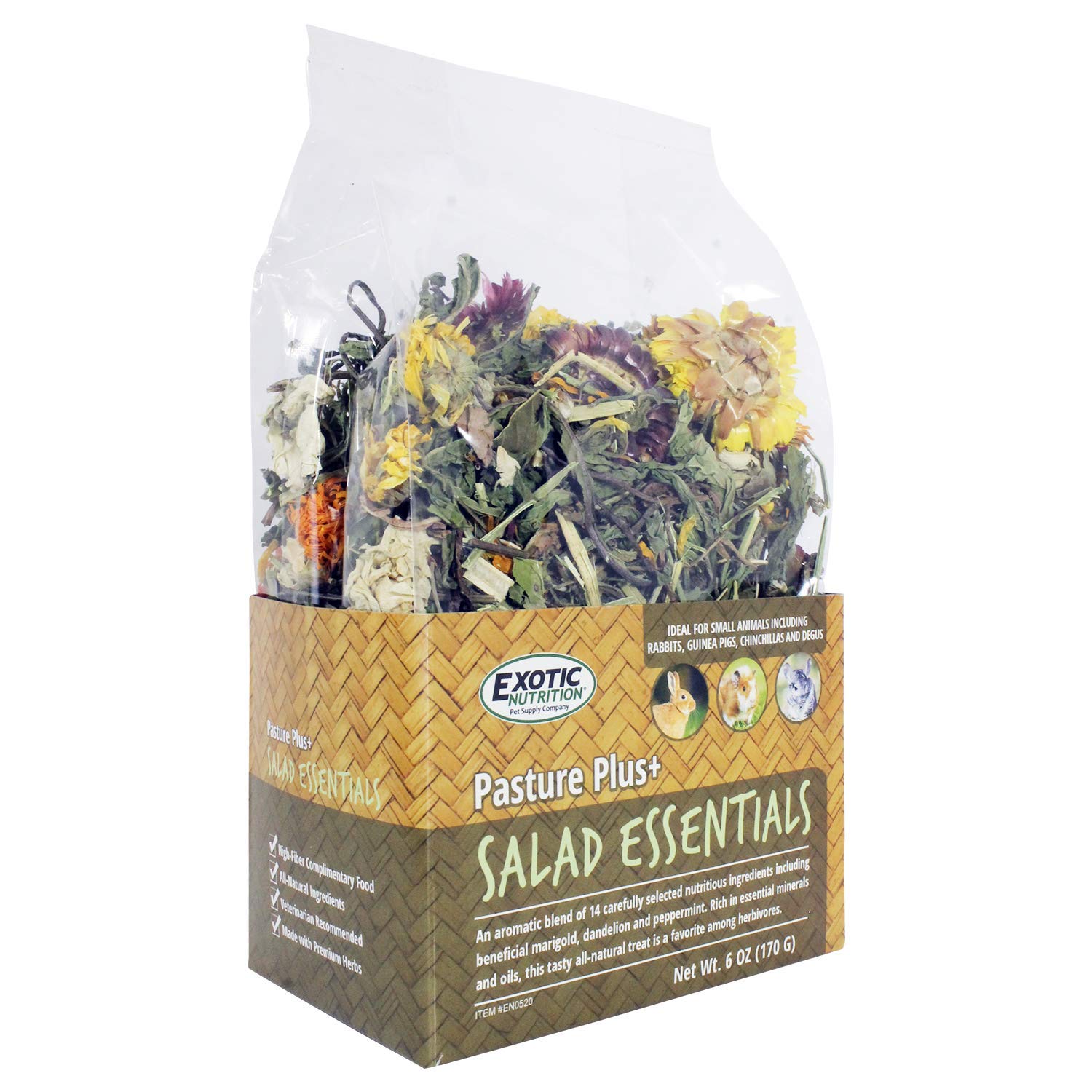 Exotic Nutrition Pasture Plus+ Salad Essentials pet-enrichment plate demonstrates reward-friendly feeding for small mammals.