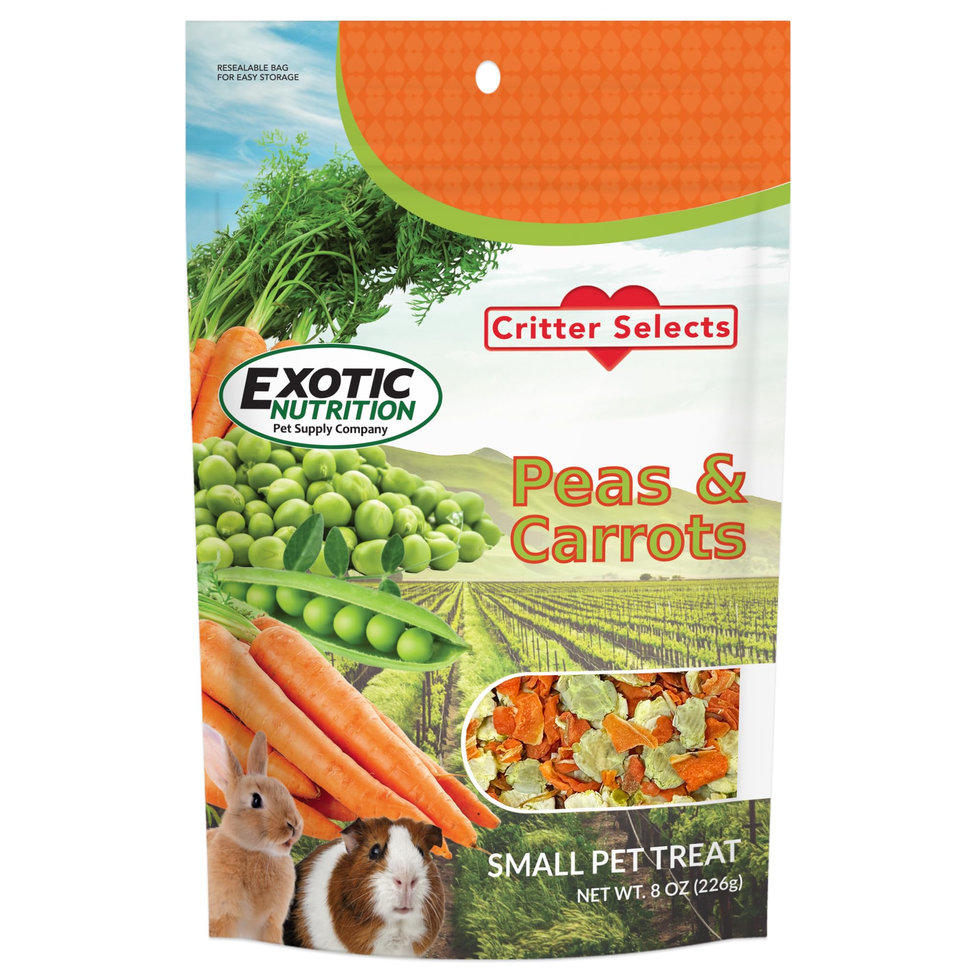 Exotic Nutrition peas and carrots 8oz bag for small pets, healthy snacking.