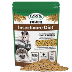 Exotic Nutrition Premium Insectivore Diet packaging highlights chicken-based protein for insectivores