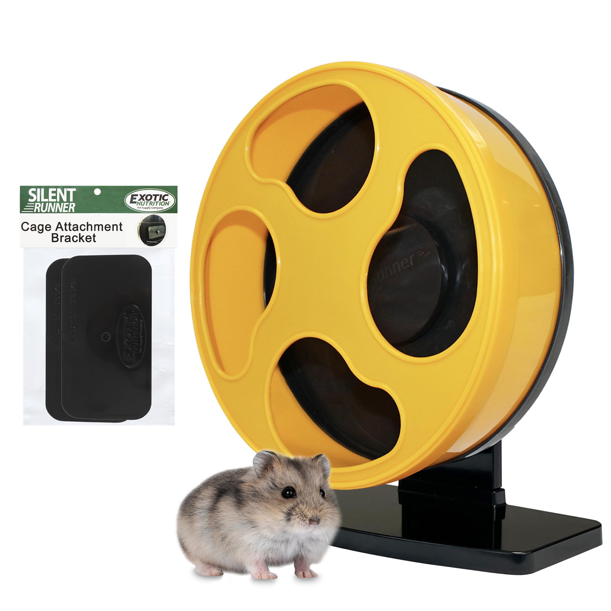 Exotic Nutrition Silent Runner Wheel with yellow stand offers quiet, safe exercise for small pets.