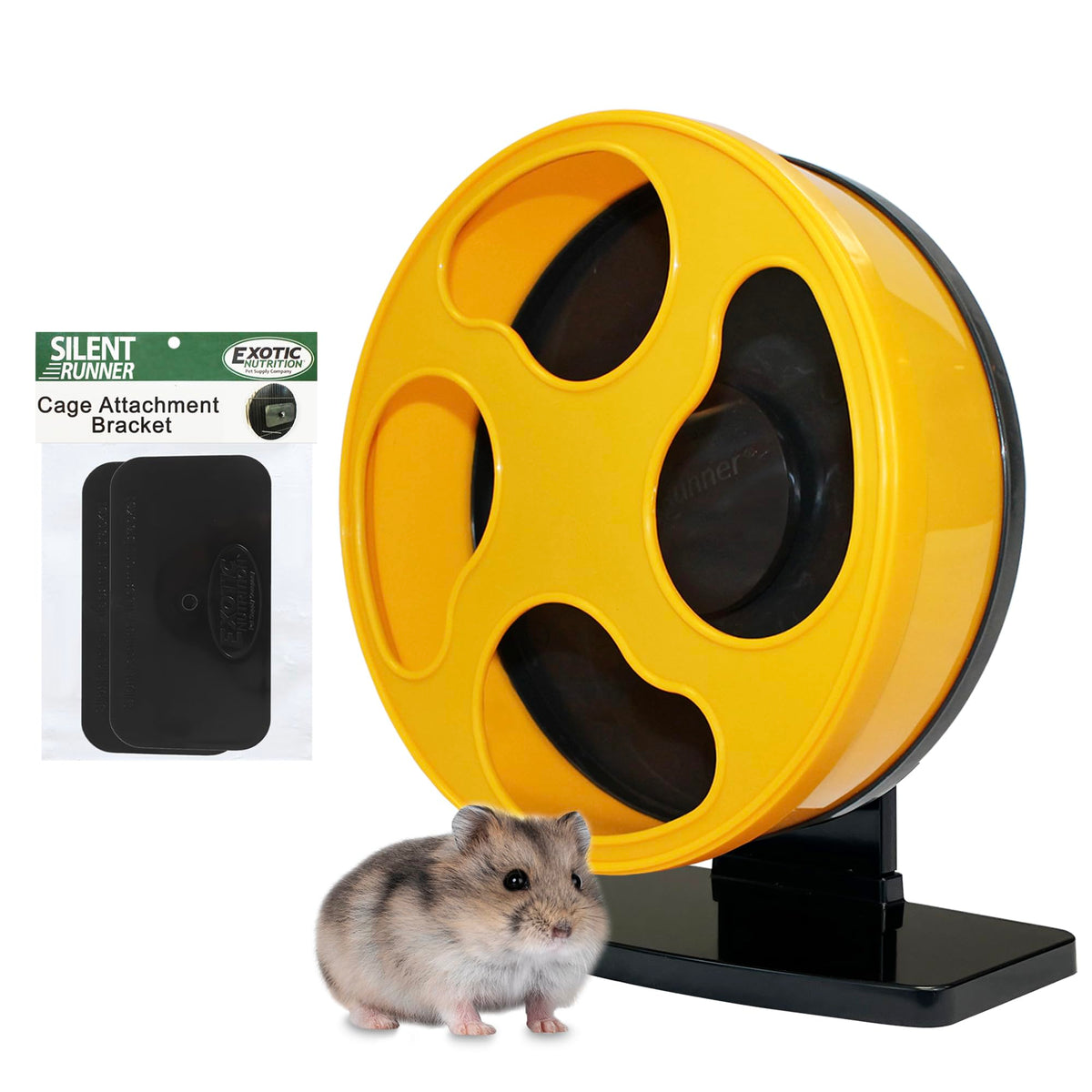 Exotic Nutrition Silent Runner Wheel with yellow stand offers quiet, safe exercise for small pets.