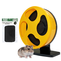 Exotic Nutrition Silent Runner Wheel with yellow stand offers quiet, safe exercise for small pets.