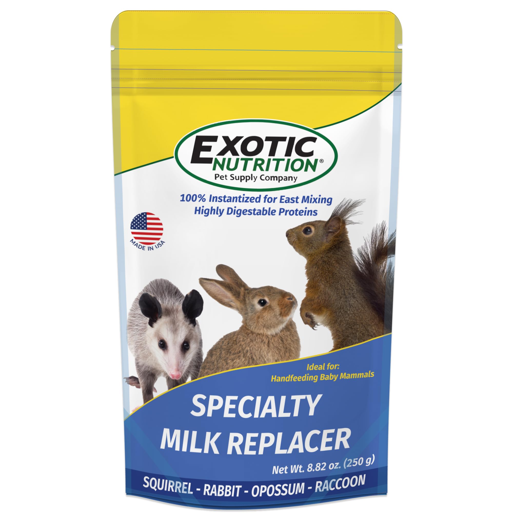 Exotic Nutrition Specialty Milk Replacer jar front, premium powder for early wildlife growth