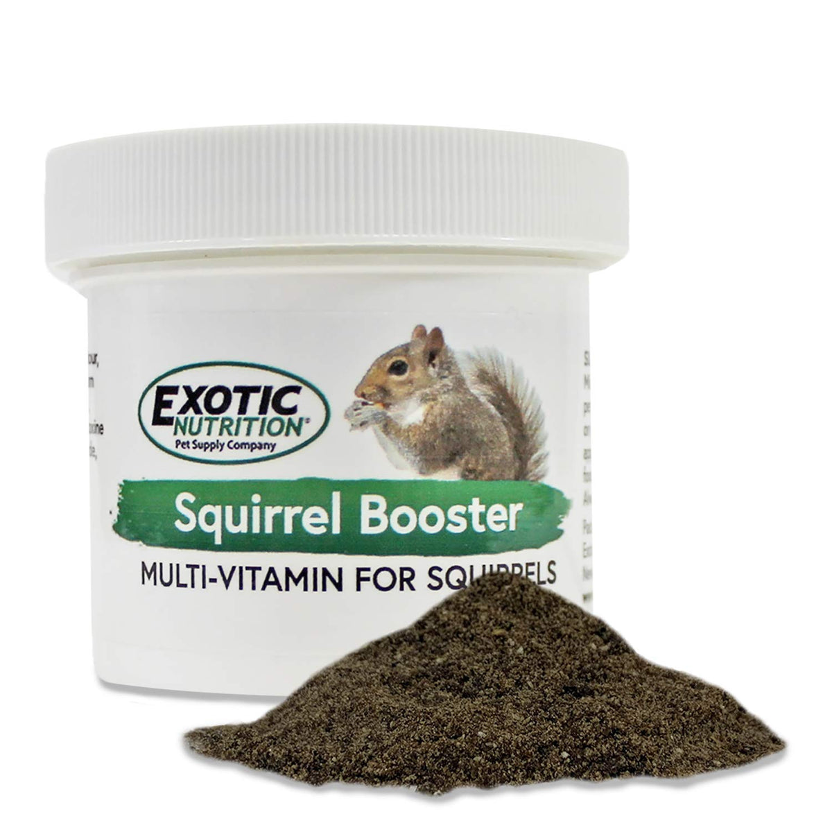 Exotic Nutrition Squirrel Booster bottle pour showing easy daily supplementation for active squirrels