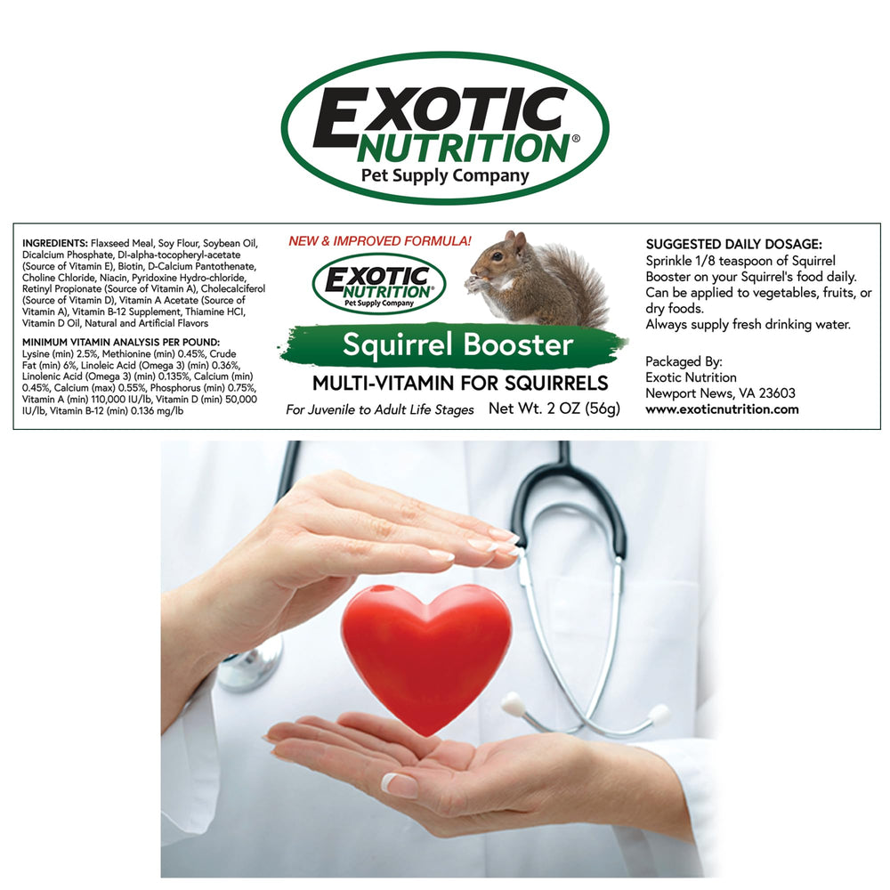Exotic Nutrition Squirrel Booster ingredients list emphasizing vitamins and minerals