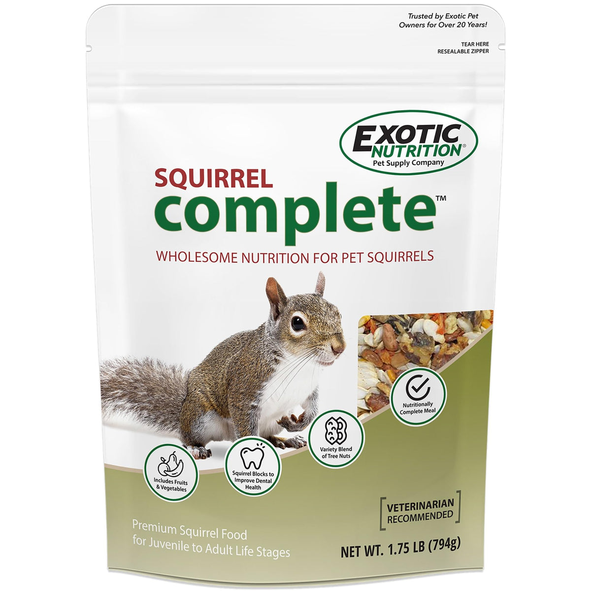 Exotic Nutrition Squirrel Complete bag front view illustrates a balanced, natural diet for squirrels.