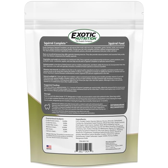 Exotic Nutrition Squirrel Complete ingredients closeup showing wholesome components for picky eaters.
