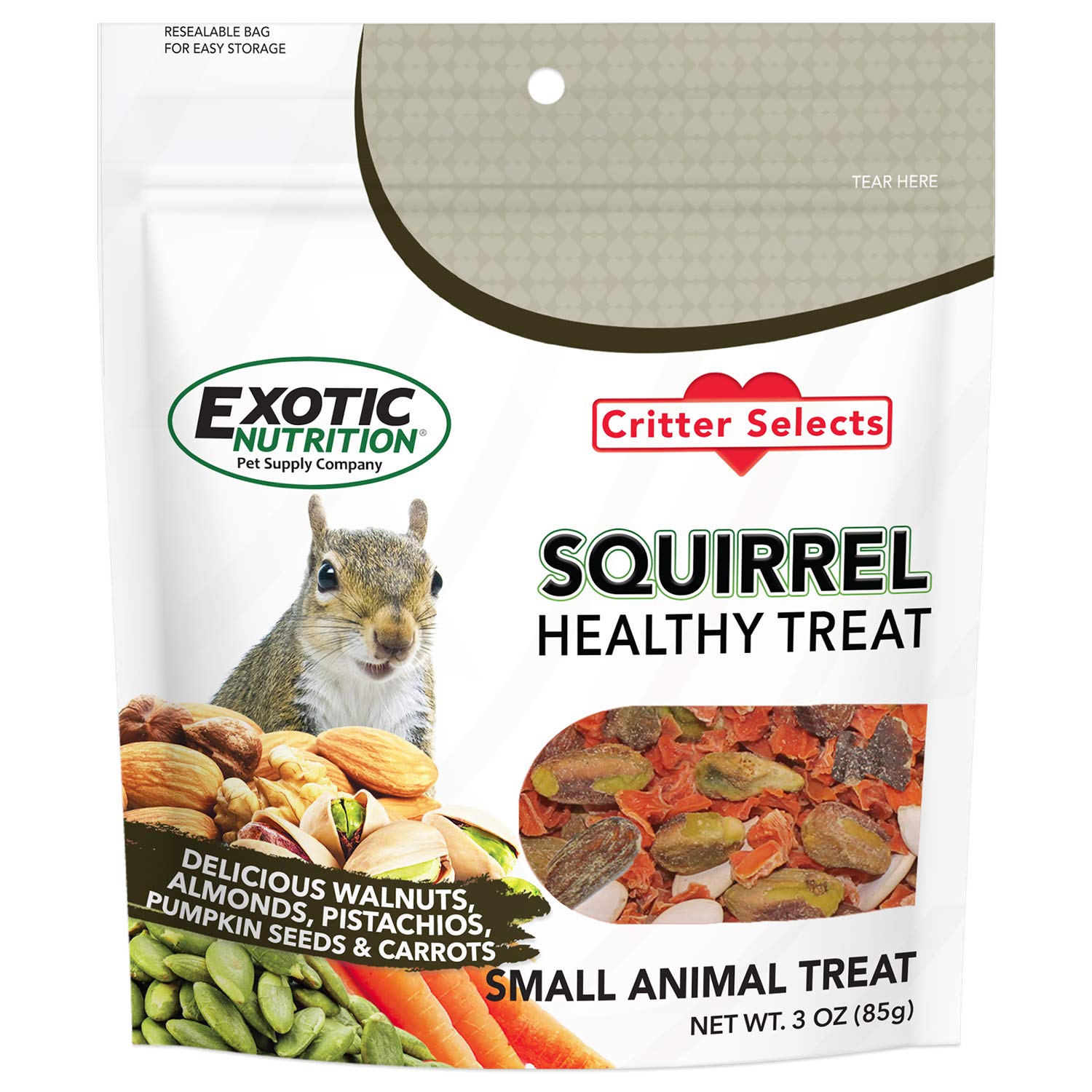 Exotic Nutrition Squirrel Treat front-label packaging highlighting wholesome rodent snack.