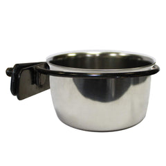 Exotic Nutrition stainless steel cup with holder, front view, easy feeding access.