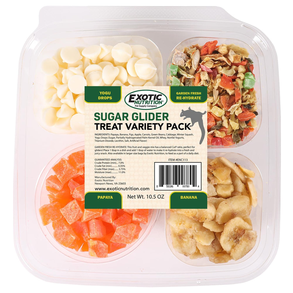 Exotic Nutrition Sugar Glider Treat Variety Pack contents showing four fruit treats for enrichment