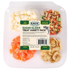 Exotic Nutrition Sugar Glider Treat Variety Pack contents showing four fruit treats for enrichment