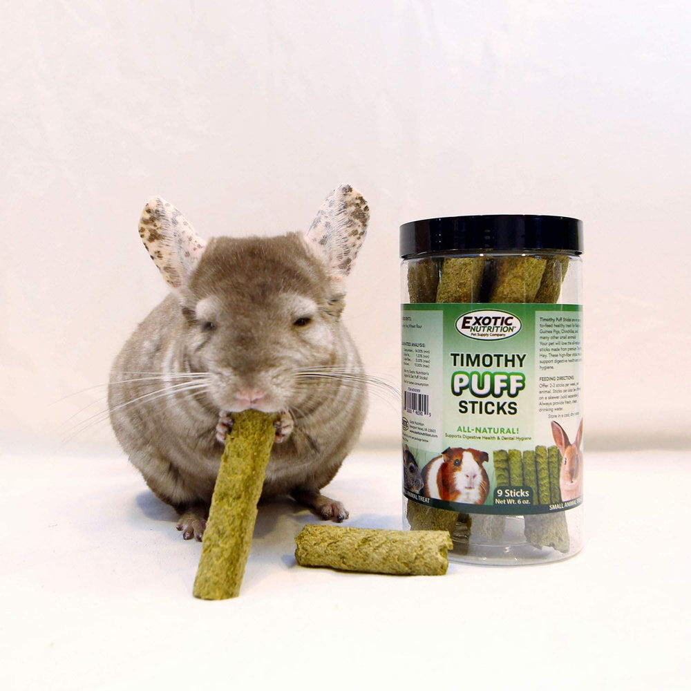 Exotic Nutrition Timothy Puff Sticks on a skewer for easy feeding