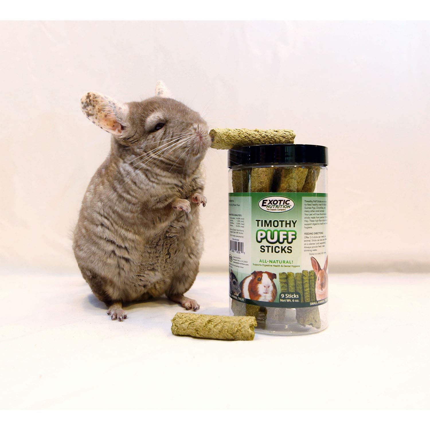 Exotic Nutrition Timothy Puff Sticks packaging label with ingredients and weight