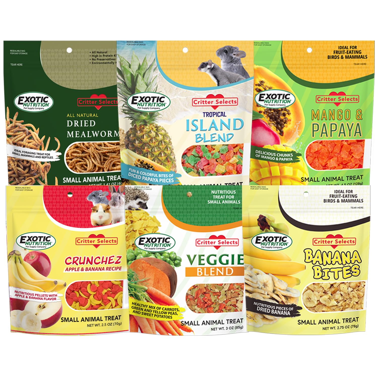 Exotic Nutrition Treat Assortment 6 Pack package front promoting foraging enrichment
