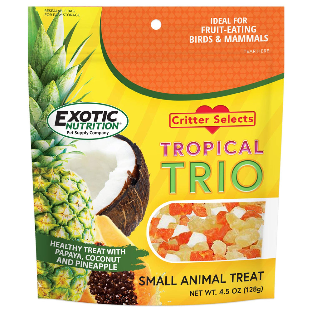Exotic Nutrition Tropical Trio coconut pieces shown as a natural, sugar-free snack.