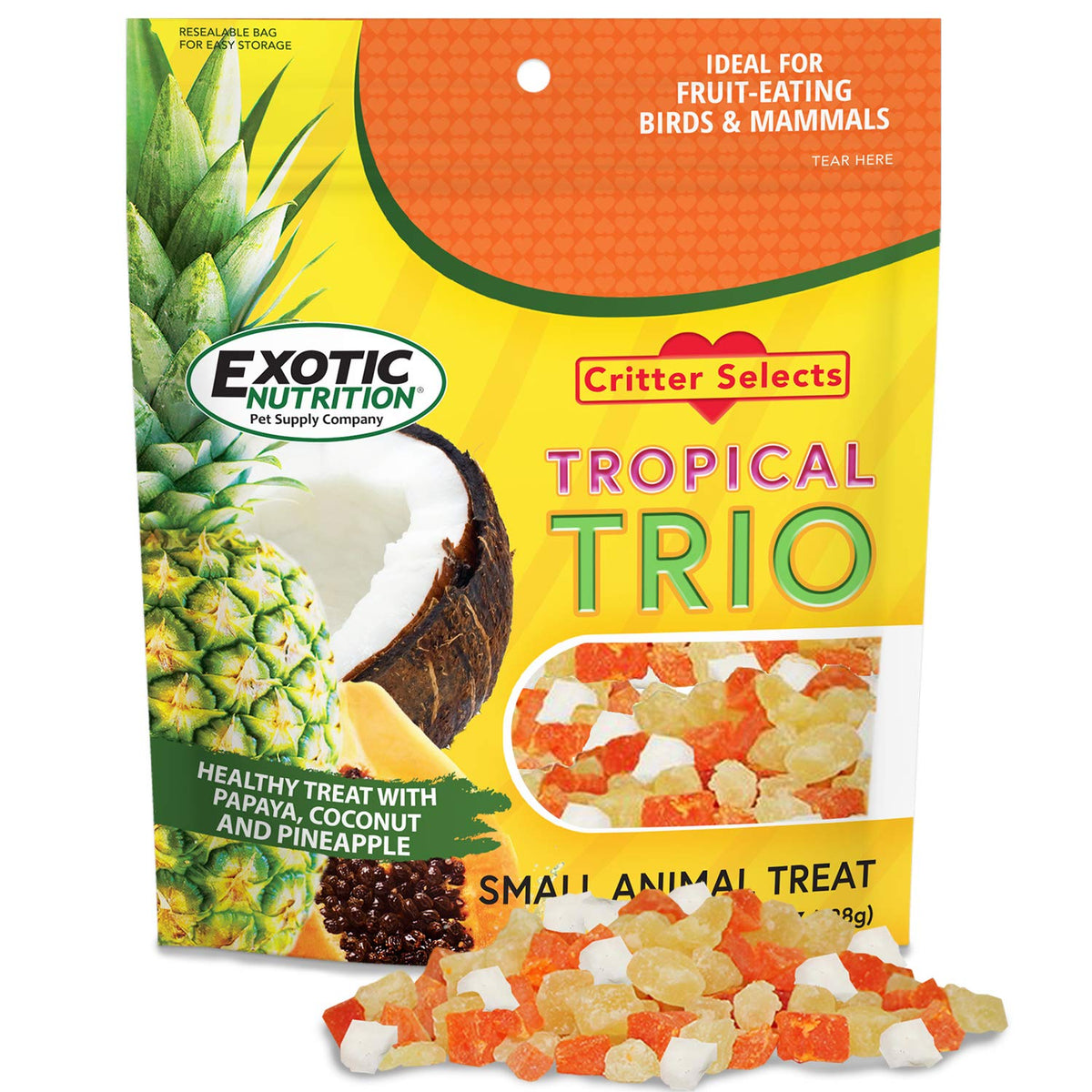 Exotic Nutrition Tropical Trio papaya chunks offer a natural, low-fat treat for small pets.