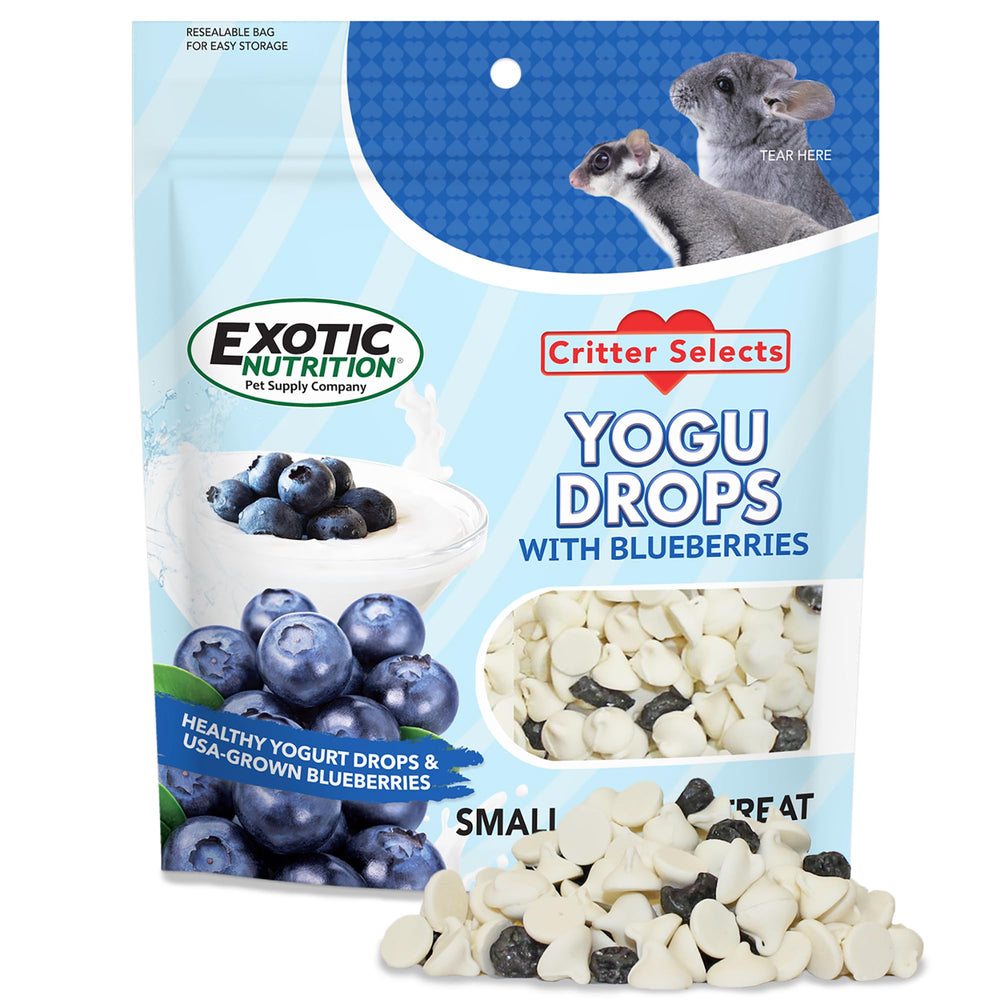 Exotic Nutrition Yogu Drops Blueberry packaging shown, easy-to-serve treat for small pets