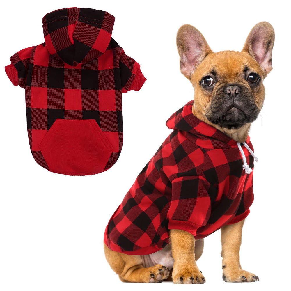 EXPAWLORER plaid dog hoodie front view with leash hole for easy walks
