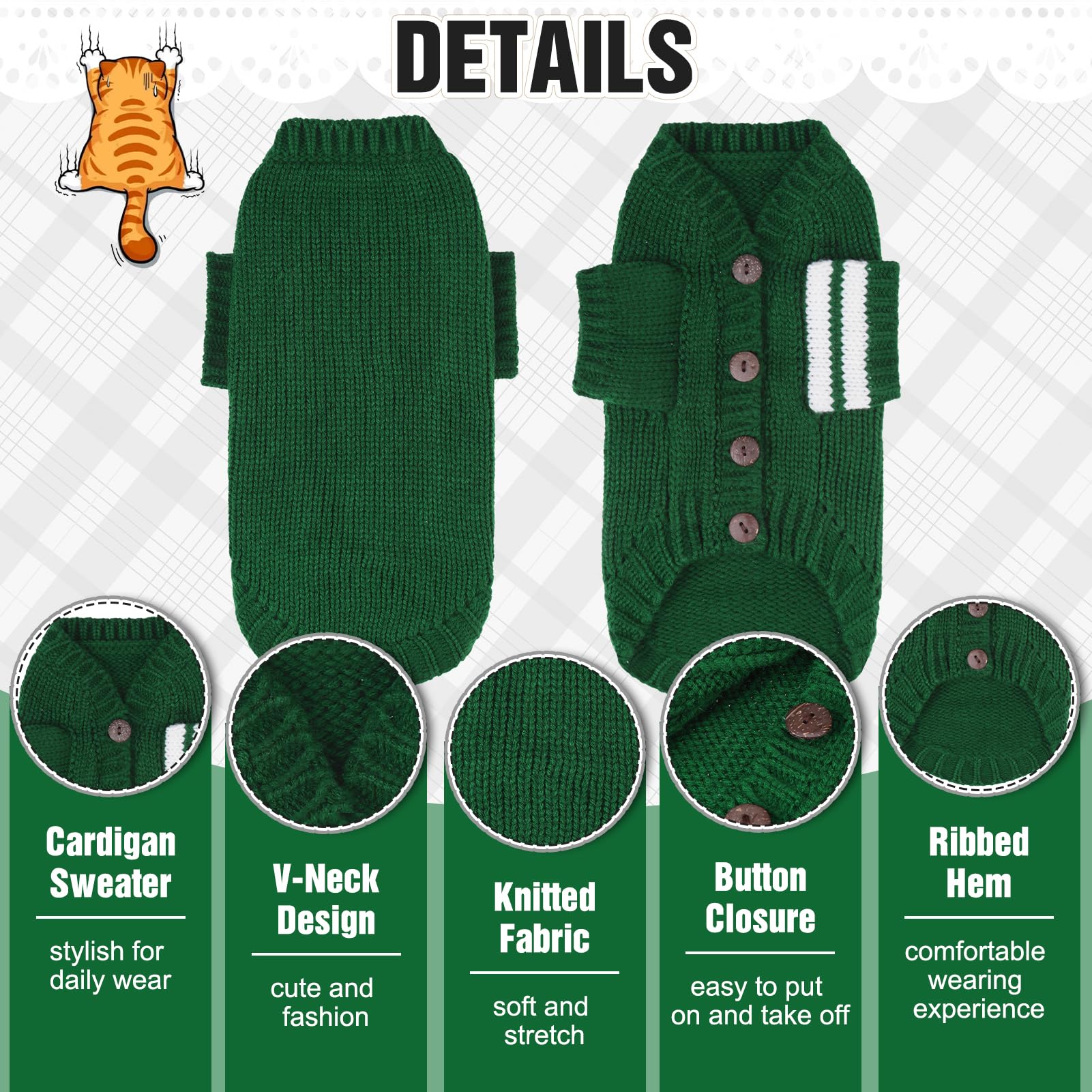 EXPAWLORER cat sweater cardigan back view in green, full back coverage.