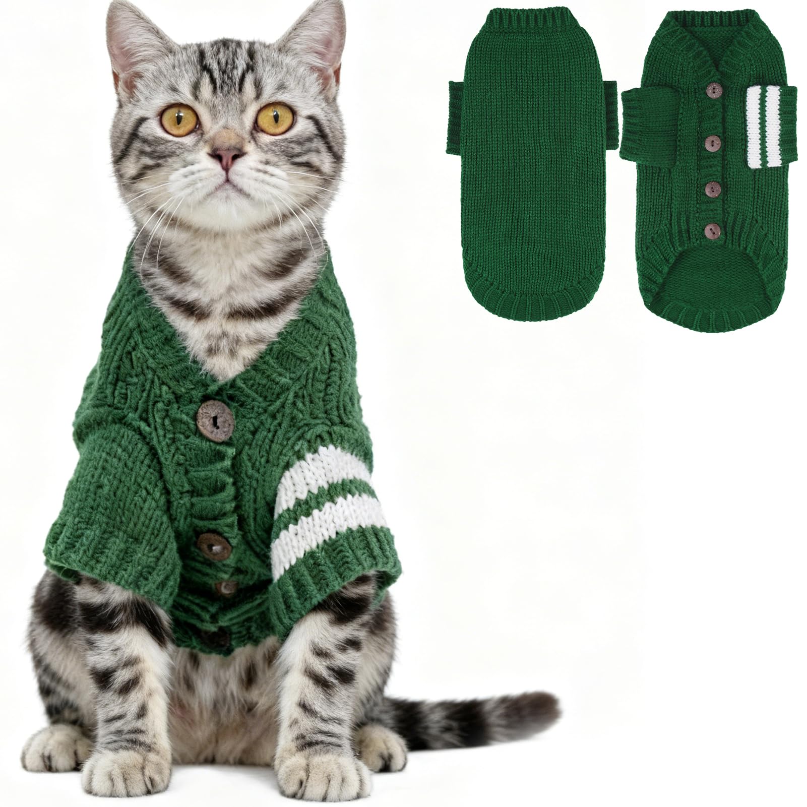 EXPAWLORER cat sweater cardigan front view in green, classic fit and warmth.