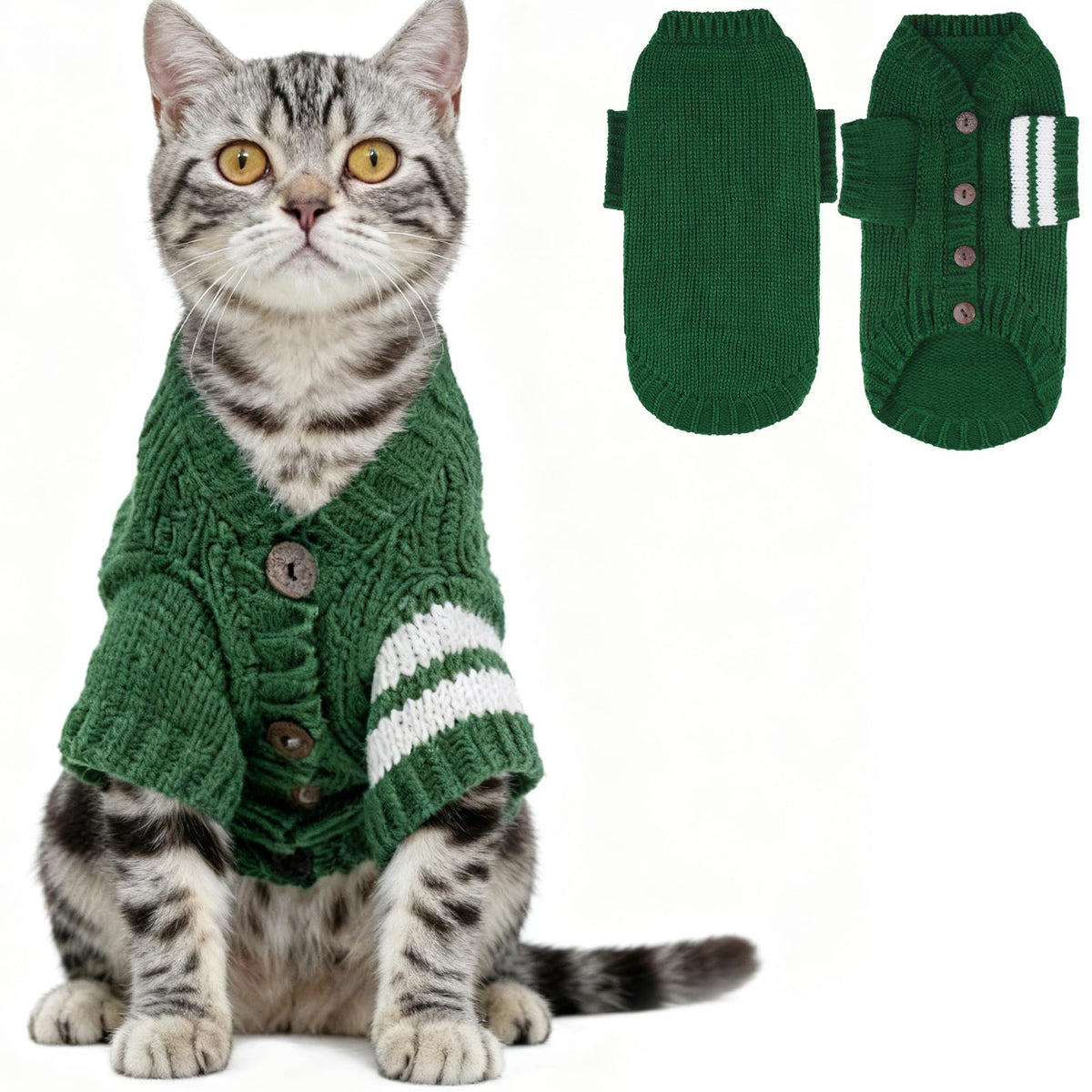 EXPAWLORER cat sweater cardigan front view in green, classic fit and warmth.