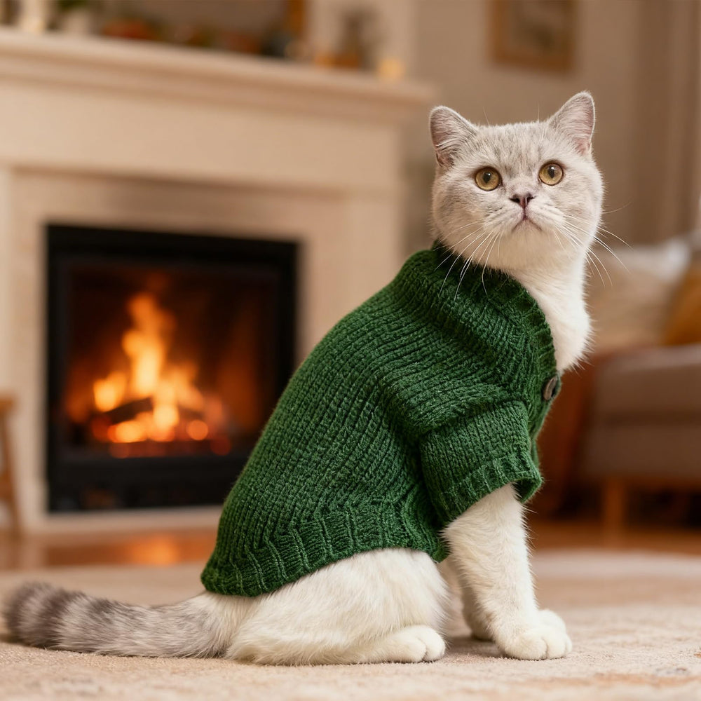 EXPAWLORER cat wearing green sweater cardigan demonstrates versatile indoor wear.