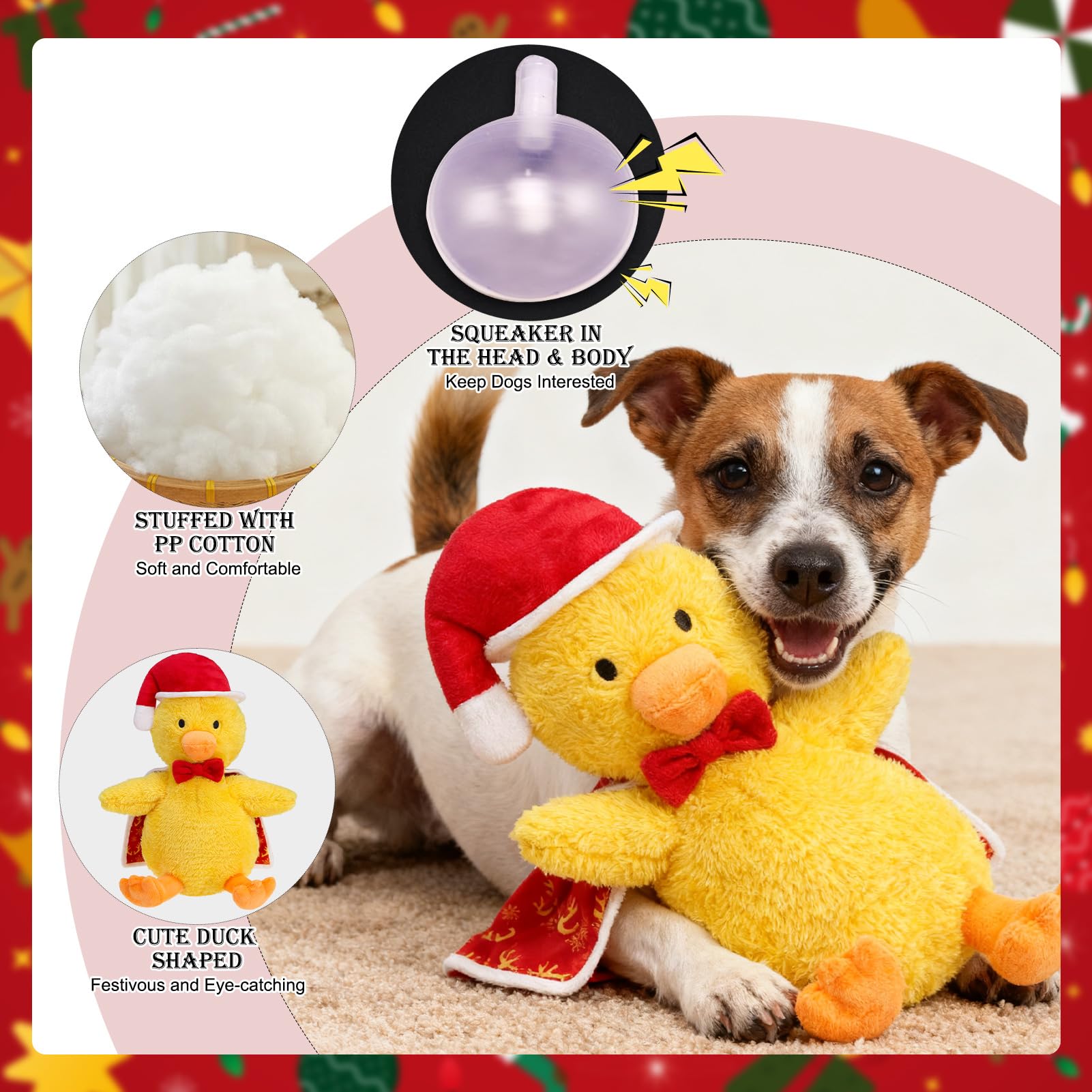 EXPAWLORER Christmas squeaky duck toy Santa hat visuals for festive photos and fun.
