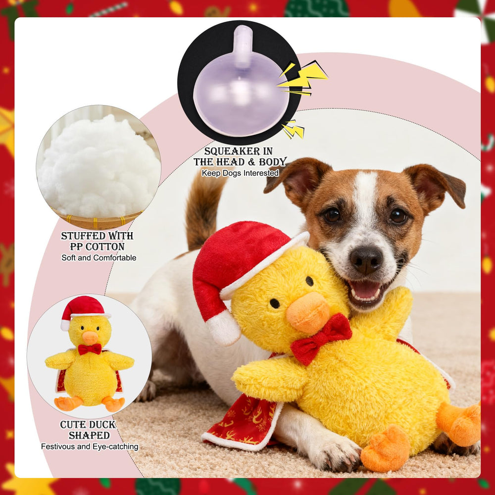 EXPAWLORER Christmas squeaky duck toy Santa hat visuals for festive photos and fun.