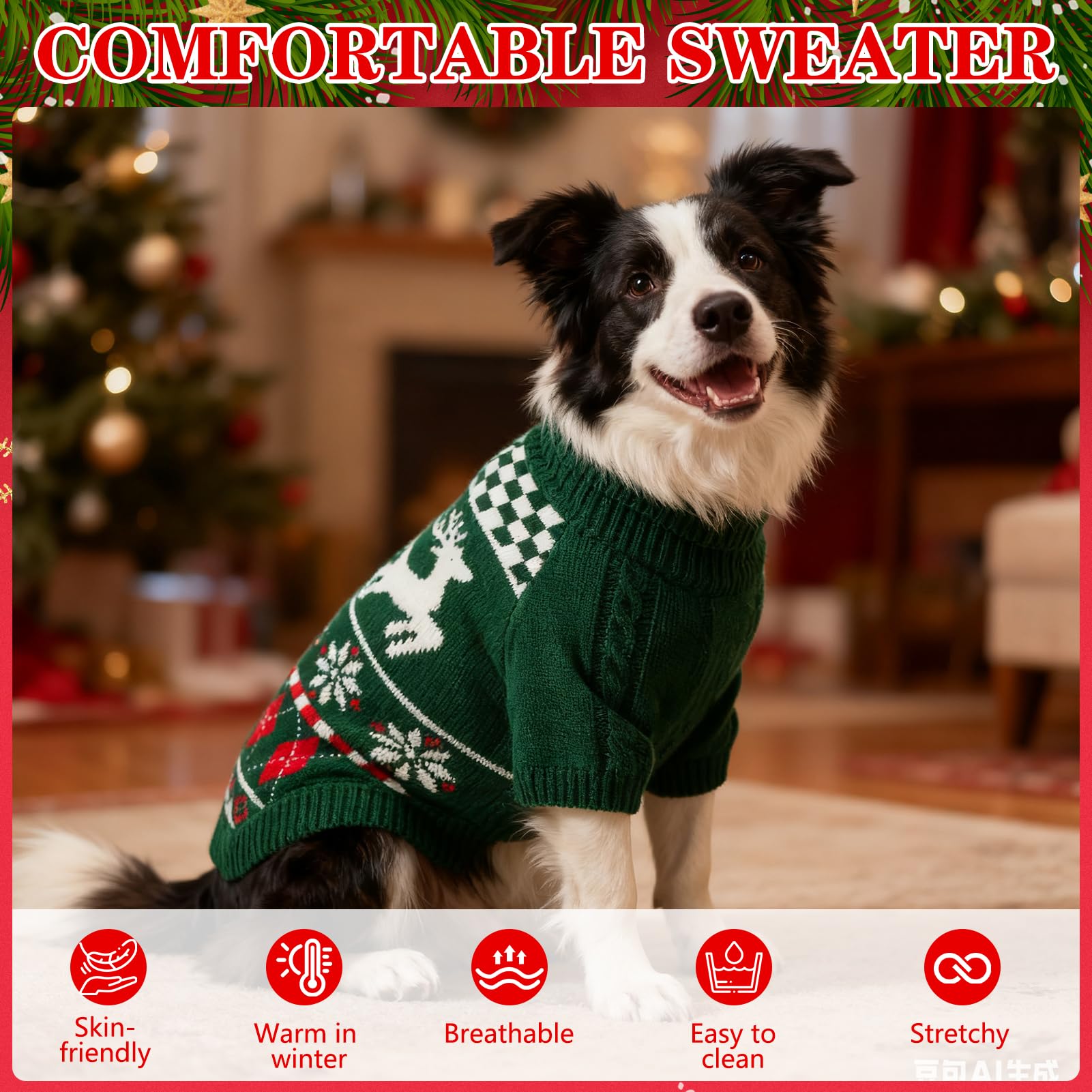 EXPAWLORER dog Christmas sweater green back view emphasizes leash-friendly design for outdoor strolls