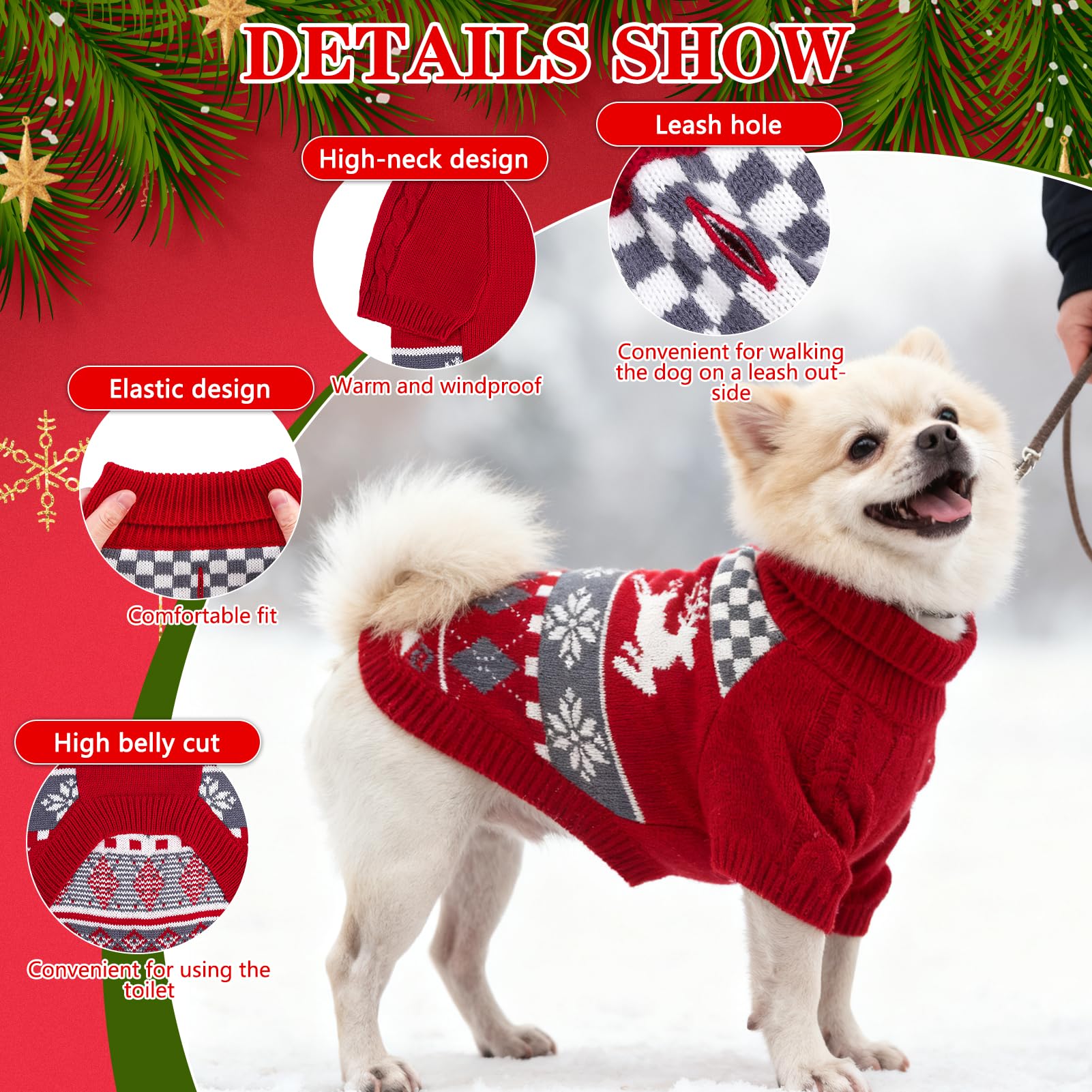 EXPAWLORER dog Christmas sweater leash hole back view enables easy outdoor walks.