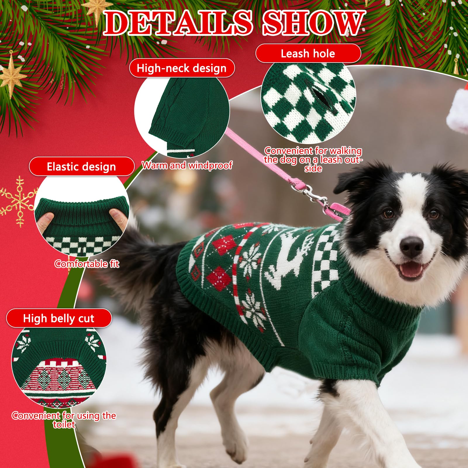 EXPAWLORER moose-pattern sweater green close-up shows festive detail and durable stitching