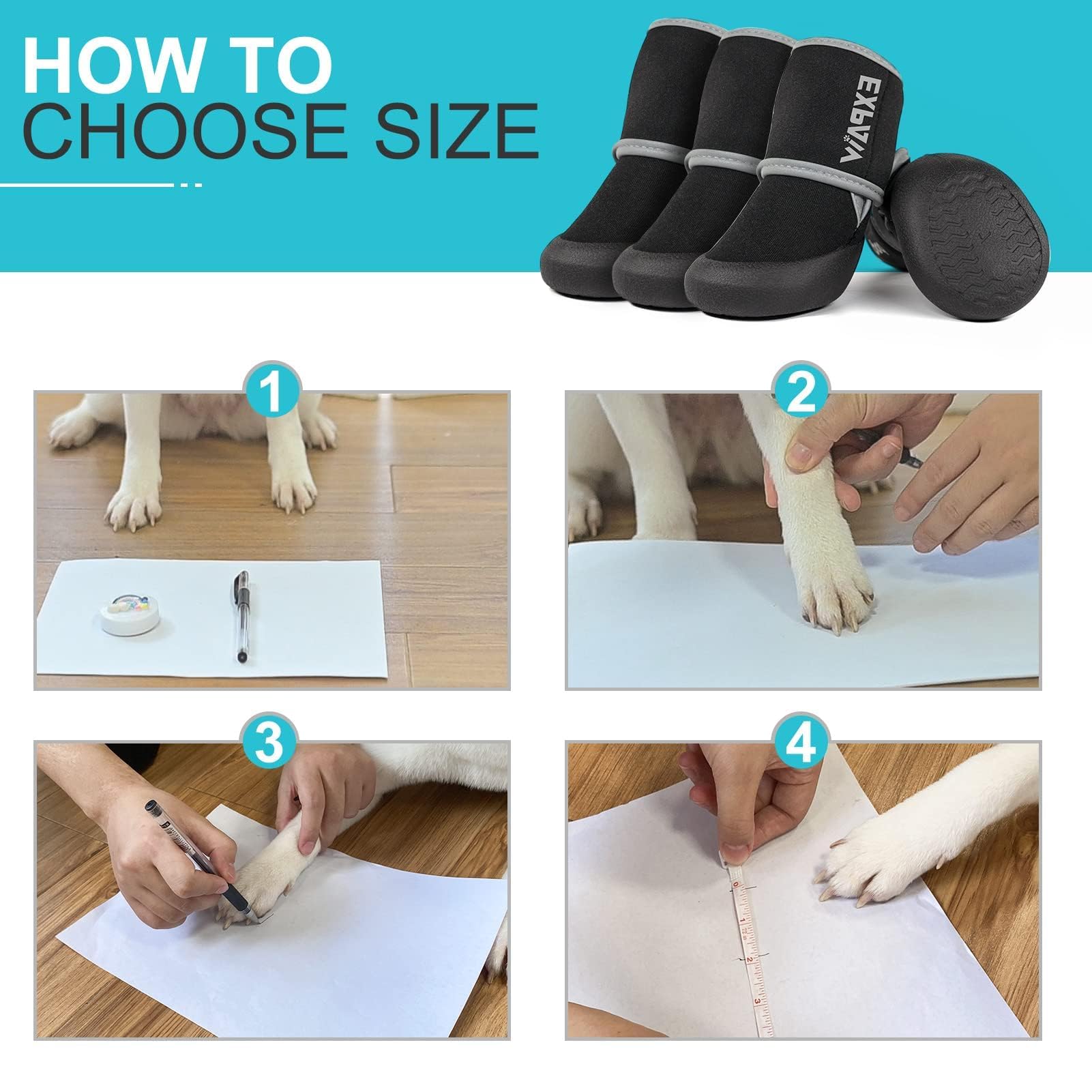 EXPAWLORER dog boots in snow with reflective straps for nighttime visibility.