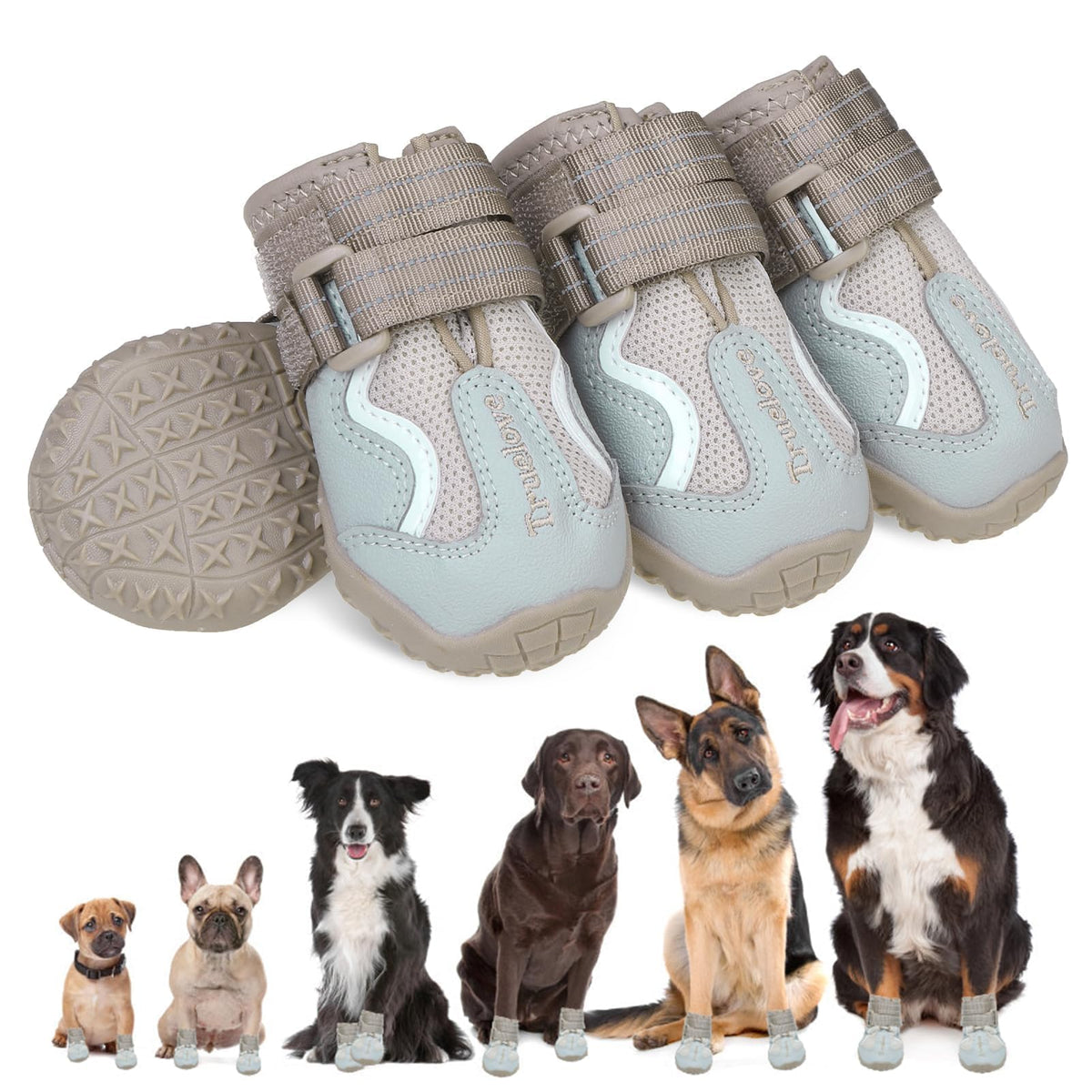 EXPAWLORER dog shoes size chart shows paw width for a secure fit.