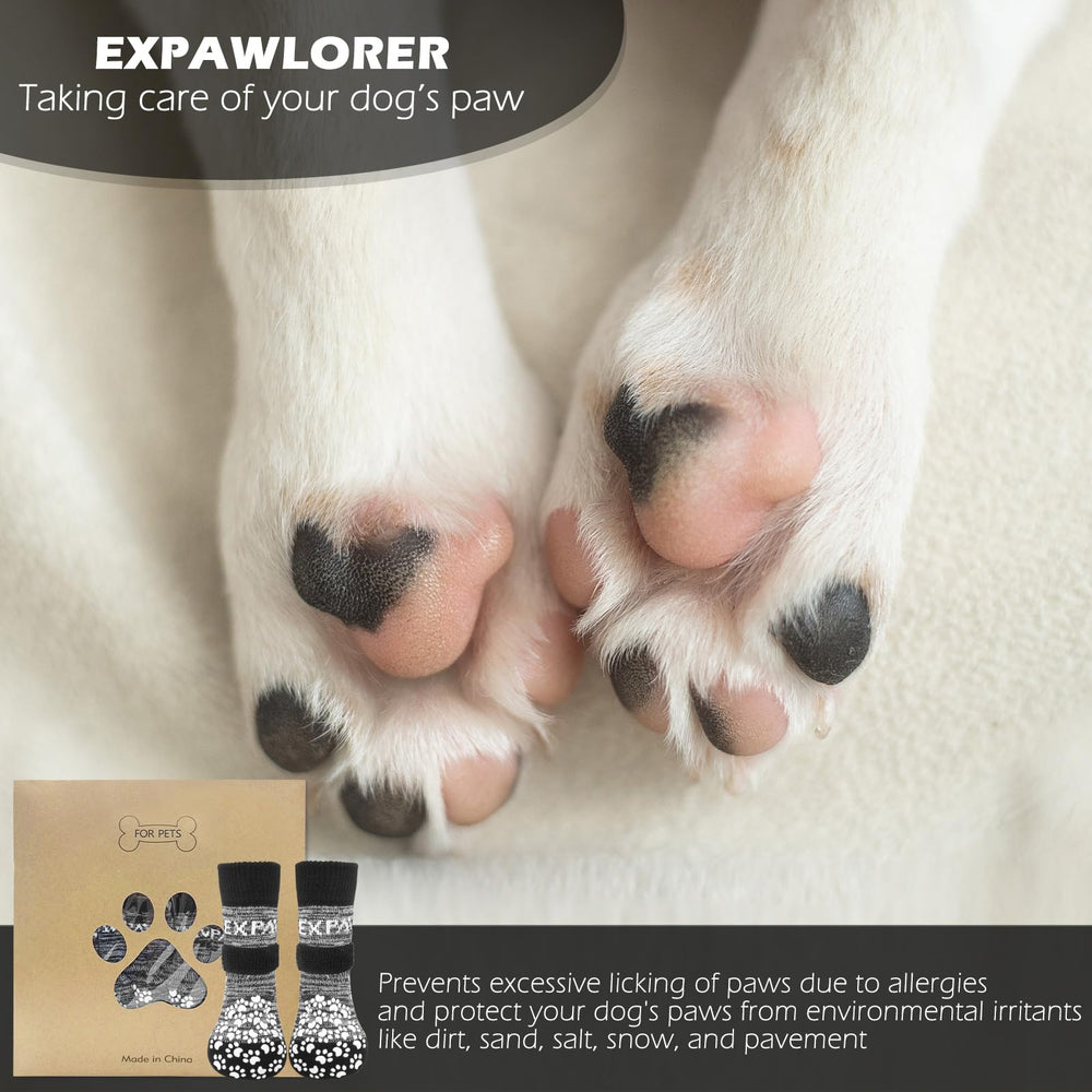 EXPAWLORER dog socks with 21 paw grips side traction on smooth floors.