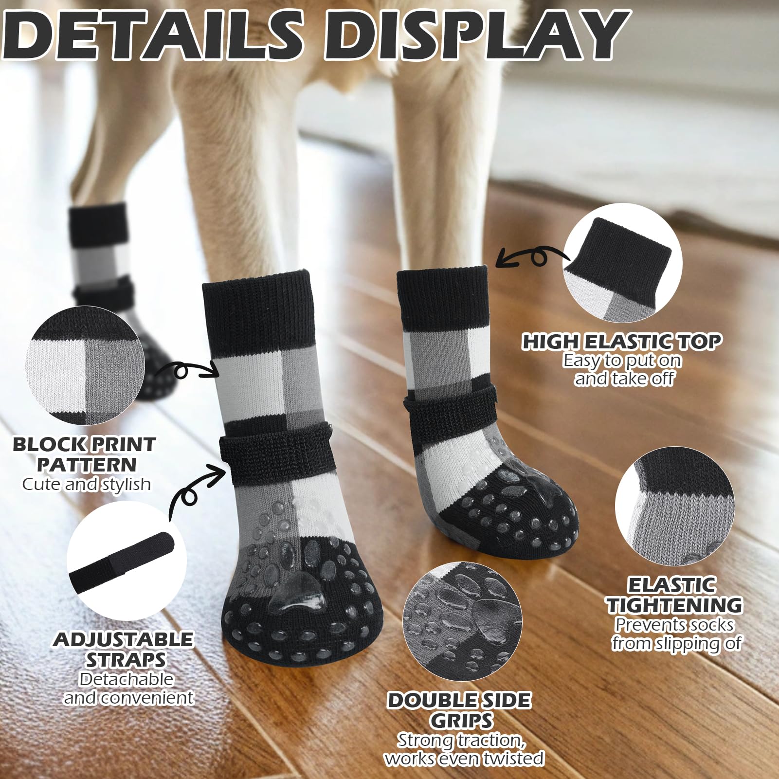 EXPAWLORER dog socks double-side grip boosts traction on hardwood floors.