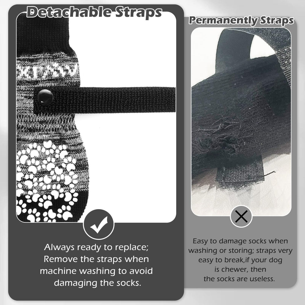 EXPAWLORER dog socks on wooden floor demonstrating anti-slip performance.