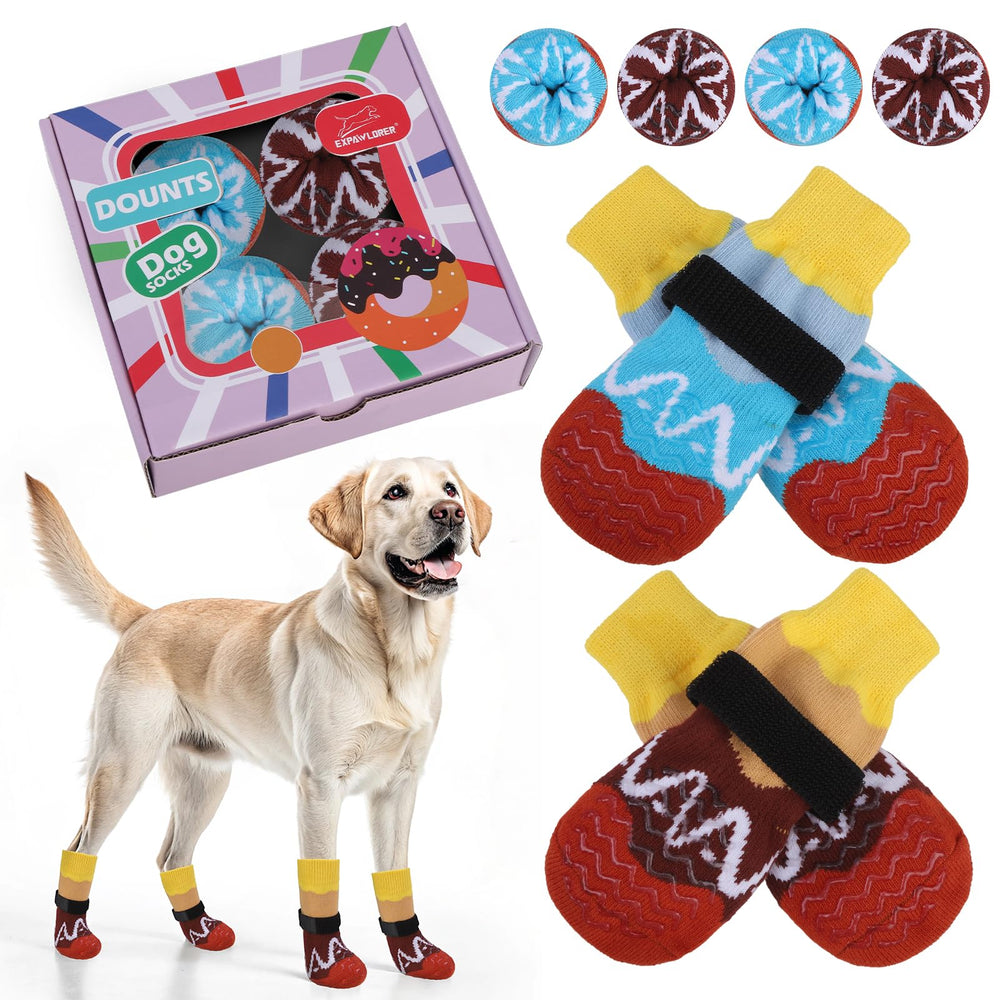 EXPAWLORER donut-pattern dog socks offer playful style with secure traction